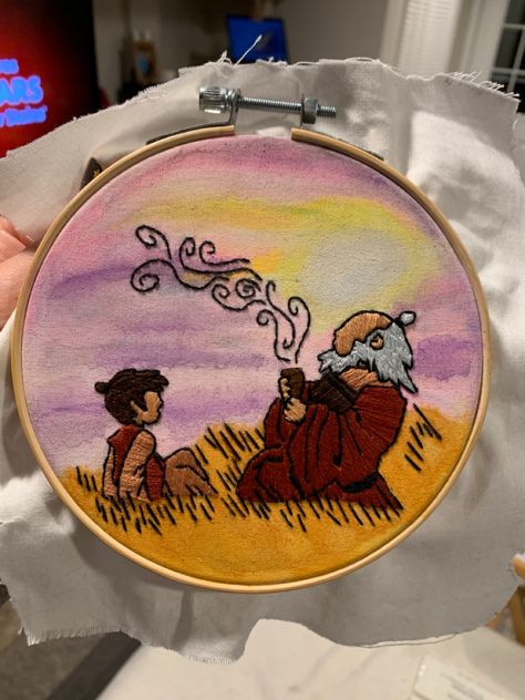 Atla water color handmade embroidery Atla Painting Canvas, Atla Painting Ideas, Atla Embroidery, Atla Painting, Avatar Embroidery, Nerdy Embroidery, Uncle Iroh, Cross Stitch Quotes, Embroidery Sampler