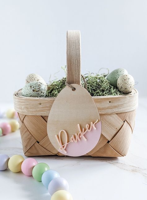 Wood and Blush Pink Easter Egg Basket Tags with Personalized Laser Cut Names In Modern Calligraphy Wood Easter Basket, Ribbon Basket, Creative Easter Baskets, Basket Tags, Easter Egg Basket, Easter Basket Tags, Egg Basket, Pink Easter, Egg Painting