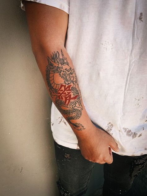 Dragon Tattoo With Japanese Writing, Chinese Dragon Tattoos Men Forearm, Chinese Style Tattoo Men, Kanji Forearm Tattoo, Dragon Tattoo For Men Forearm, Dragon Tattoo Man, Dragon Men Tattoo, Kanji Tattoo Men, Chinese Dragon Tattoos Men