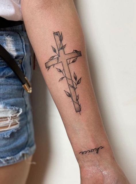 Cross With Grapevine Tattoo, Cross Leg Tattoo For Women, Cross With Roots Tattoo, Cross With Leaves Tattoo, Cross And Vine Tattoo, Cross With Olive Branch Tattoo, Cross Arm Tattoo Women, Thorn Cross Tattoo, Barbwire Cross Tattoo