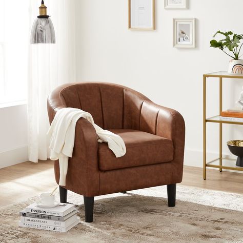 Trent Austin Design® Gimenez 26.4'' Wide Armchair & Reviews | Wayfair.ca Leather Barrel Chair, Tufted Arm Chair, Modern Transitional, Upholstered Arm Chair, Cozy Place, Barrel Chair, Leather Armchair, Small Space Living, Transitional Design