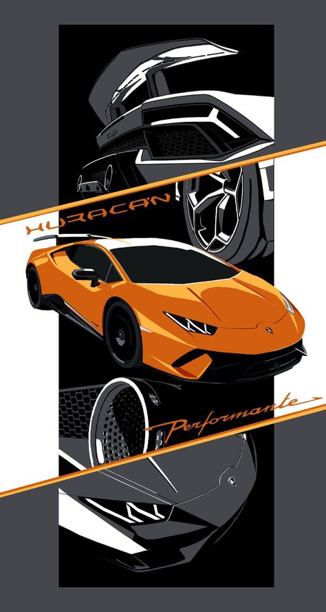 This is a flat, stylised poster of an angular, orange Lamborghini car, with grey close up details in the background above and beneath (the rear wing, a wheel, an exhaust pipe and a headlight), as well as an orange frame with the words Huracán and Performante inside, which are the names of the particular model. Car Artwork Lamborghini, Super Car Poster, Car Artwork Wallpaper, Lamborghini Huracan Wallpapers, Car Design Poster, Lamborghini Art, Supercar Poster, Lamborghini Poster, Lamborghini Design