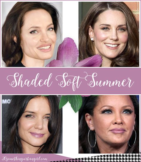 Katie Holmes Soft Summer, Shaded Summer Palette, Angelina Jolie Color Palette, Angelina Jolie Color Season, Katie Holmes Color Analysis, Soft Shaded Summer, Angelina Jolie Soft Summer, Deep Soft Summer, Shaded Summer Color Palette