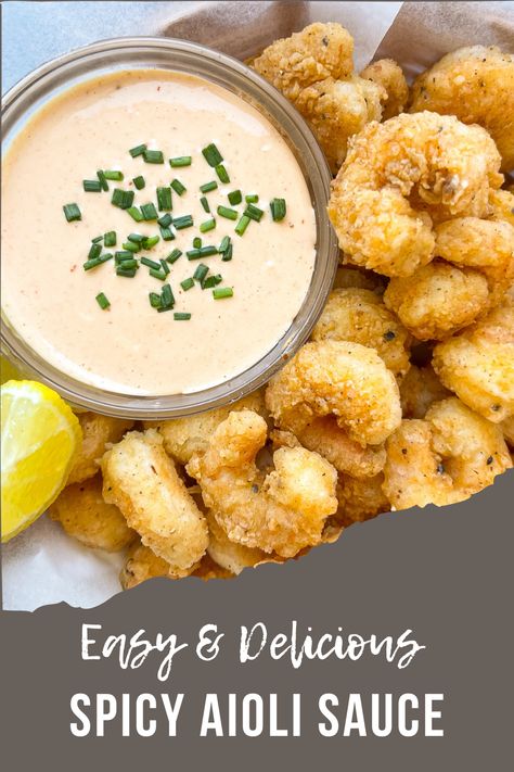 The best spicy aioli sauce for all your favorite fish, shrimp, fries and sandwiches. Includes lots of tips for using different hot sauce options to customize your spicy dipping sauce. Seafood Aioli Dipping Sauces, Shrimp Taco Aioli, Calamari Dipping Sauce Aioli, Dipping Sauce For Fish Sticks, Scallop Dipping Sauce, Fish Sticks Dipping Sauce, Aoli Recipe Aioli Sauce For Salmon, Sauce For Coconut Shrimp Dipping, Calamari Dipping Sauce Recipes