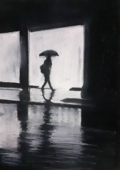 This is an original wet charcoal and pastel piece by myself titled,'Window lights'. Done in my own unique style combining charcoal with white pastel to create this rainy night scene of a person walking past illuminated shop windows. This piece looks great set within a white mount with either a black or white frame.  A very bold piece with lots of contrast. The size of this signed unframed original piece is A3 so measures 297mm by 420mm.  Thank you for viewing my art. Charcoal And Pastel Drawing, Grey Scale Painting, Dark Charcoal Art, Charcoal Art Ideas, Light And Dark Art, Light And Shadow Art, Night Drawings, Oil Painting Black And White, A Person Walking