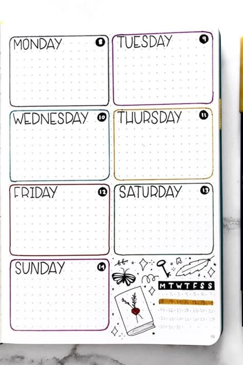 Check out the best minimalist weekly spread and layout ideas to try in your own bullet journal #bulletjournal #bujo #minimalistbujo #bujolayout Minimalist Weekly Spread, Bullet Planner Ideas, Bujo Lettering, Bullet Journal Calendrier, Bullet Journal Week, 2024 Bujo, Weekly Spread Ideas, Weekly Bullet Journal, Bujo Themes