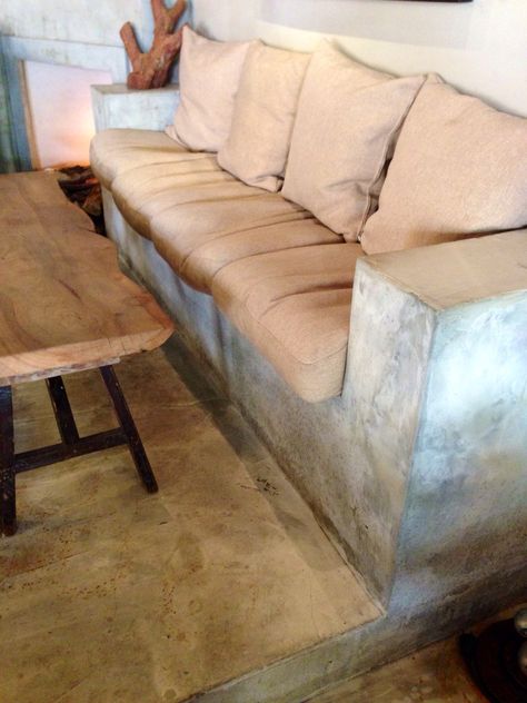 Concrete couch Concrete Sofa Living Rooms, Concrete Couch, Concrete Sofa, Cement Bench, Couch Design, Concrete Home, Mexican Home, Siargao, Diy Couch