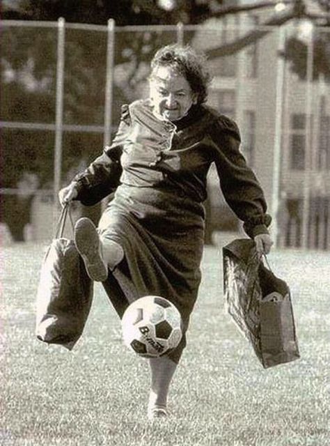 Bieber, Tim - Old Woman Kicking Soccer Ball Vintage Foto's, 얼굴 드로잉, Old Woman, Young At Heart, Jolie Photo, Old People, Growing Old, Vintage Photography, Old Pictures