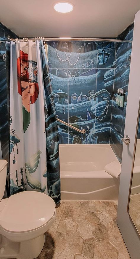 little mermaid bathroom Disney Themed Bathroom For Adults, Moana Bathroom Ideas, Ariel Bathroom, Moana Themed Bathroom, Moana Bathroom, Disney Little Mermaid Bathroom, Little Mermaid Bathroom, Little Mermaid Room, Disney Prices