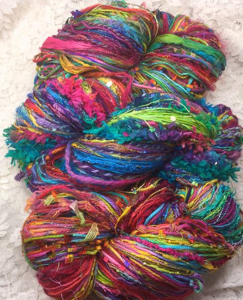 art yarn Potluck hand tied 150 yards rainbows original Great Adirondack costumes altered art scarf cowl knitting yarn embellishment by SweetHorseDesignCo on Etsy Polymer Clay Gifts, Novelty Yarn, Hand Painted Yarn, Silk Gifts, Boucle Yarn, Art Scarves, Spinning Yarn, Textured Yarn, Art Yarn