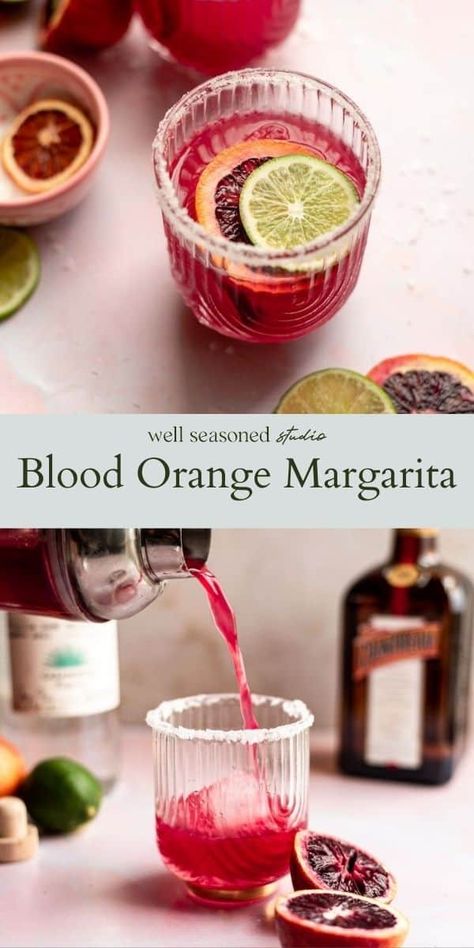 This Blood Orange Margarita recipe is a slight variation on a classic margarita with the addition of fresh blood orange juice. It's tangy and not overly sweet, and very easy to drink. You'll love the pop of color! A great cocktail for Cinco de Mayo or any night of the week! #wellseasonedstudio #cocktail #cocktailrecipe #margarita #margaritarecipe #bloodorange #bloodorangejuice Orange Margarita Recipe, Blood Orange Margarita Recipe, Orange Margarita, Blood Orange Margarita, Orange Syrup, Blood Orange Juice, Orange Wedges, Classic Margarita, Kid Drinks