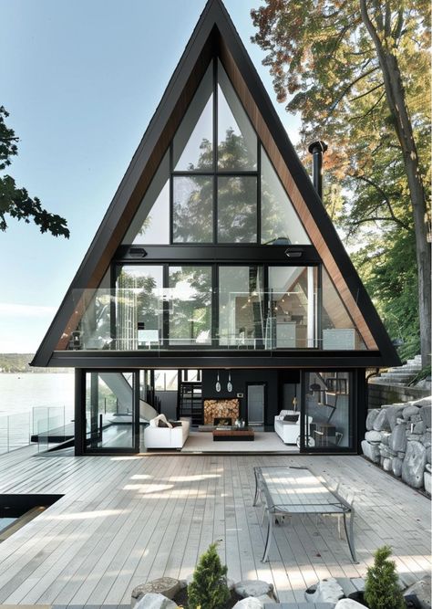 A Frame Structure, A-frame Interior, Modern A Frame Cabin, Frame Cabins, Modern A Frame, Nordic Architecture, A Frame Cabin Plans, Hut House, Glass Houses