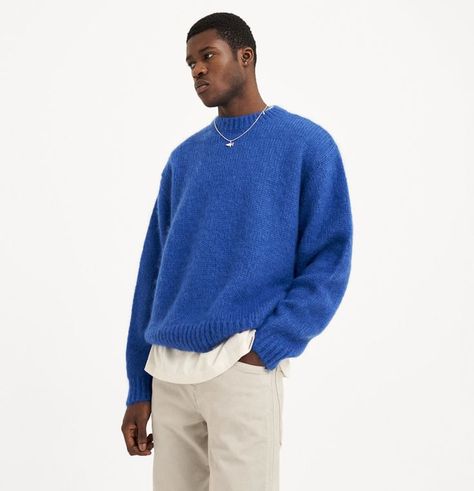 Blue Sweatshirt Outfit, Cobalt Blue Outfit, Blue Sweater Outfit, Represent Clothing, Sweater Outfits Men, Male Sweaters, Royal Blue Sweater, Knit Sweater Outfit, Hot Sweater