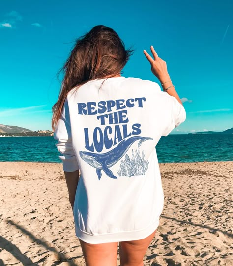 Surf Outfit Women, Surf Shop Shirt, Surf Shop Shirts, Whale Sweater, Respect The Locals, Ocean Outfits, Ocean Shirt, Aesthetic Outfit Ideas, Surf Outfit