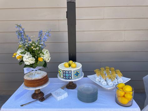 Lemon Bridal Shower Cake, Limon Them Party, Blue Tile Lemon Theme Party, Bridal Shower Dessert Table, Bridal Shower Dessert, Bridal Shower Desserts Table, Shower Dessert Table, Bridal Shower Desserts, Shower Desserts