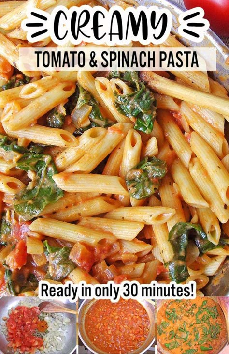 Spinach Tomato & Garlic Penne Pasta - Cakescottage Garlic Penne Pasta, Tomato And Spinach Pasta, Spinach Tomato Pasta, Spinach Pasta Recipes, Penne Pasta Recipes, Cholesterol Recipes, Pasta Penne, Spinach Tomato, Quick Pasta Recipes