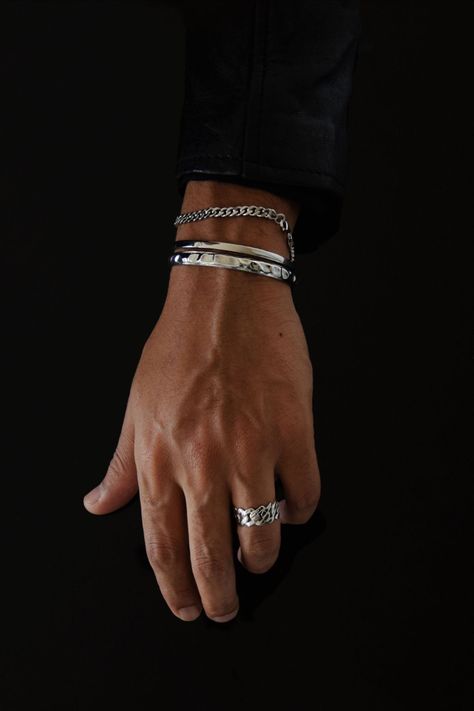 Cool Mens Bracelets, Jewelry Product Shots, Mens Silver Jewelry, Edgy Jewelry, Men's Bracelets, Ring Mens, Men's Bracelet, Jewelry Model, Mens Ring