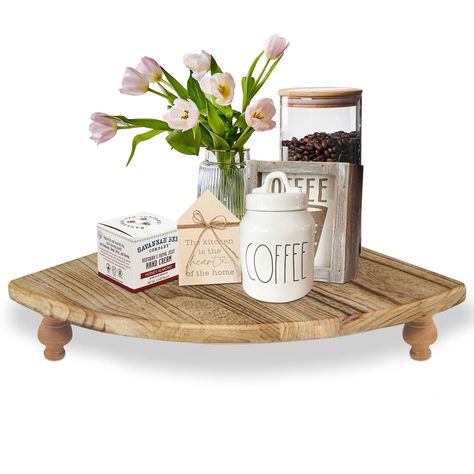 PRICES MAY VARY. 【High-Quality Materials】-This farmhouse decorative tray riser is made of solid wood, durable and not easily deformed. With the natural grains on the surface, each tray is unique and special.The wood corner counter shelf measures is 11.9” x 11.9” x 3”, which can save your room space to the maximum, making things well organized and orderly stored, and creating a comfortable and fashion environment for your home. 【Perfect Farmhouse Addition】-The whitewashed surface adds a perfect a Corner Counter Shelf, Farmhouse Corner Shelf, Corner Counter, Wooden Corner Shelf, Wood Corner Shelves, Counter Shelf, Rustic Tray, Farmhouse Centerpiece, Display Risers