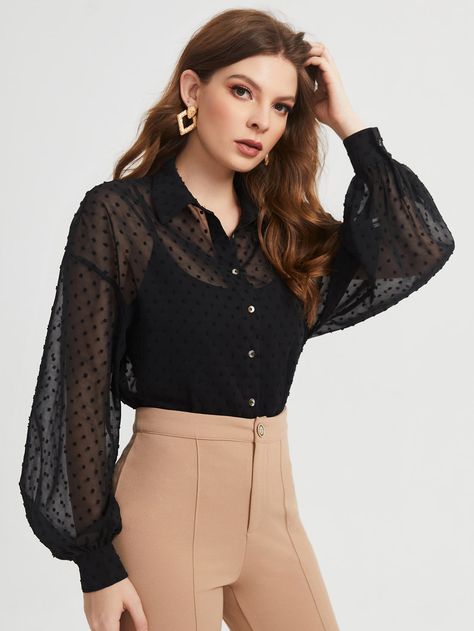 SHEIN Polka Dot Print Bishop Sleeve Chiffon Blouse Without Bra | SHEIN USA Chiffon Tops Blouses Classy, Sheer Blouse Outfit, Black Mini Skirt Outfit, Mesh Clothing, Chiffon Tops Blouses, Without Bra, Gorgeous Blouses, Miniskirt Outfits, Chiffon Long Sleeve