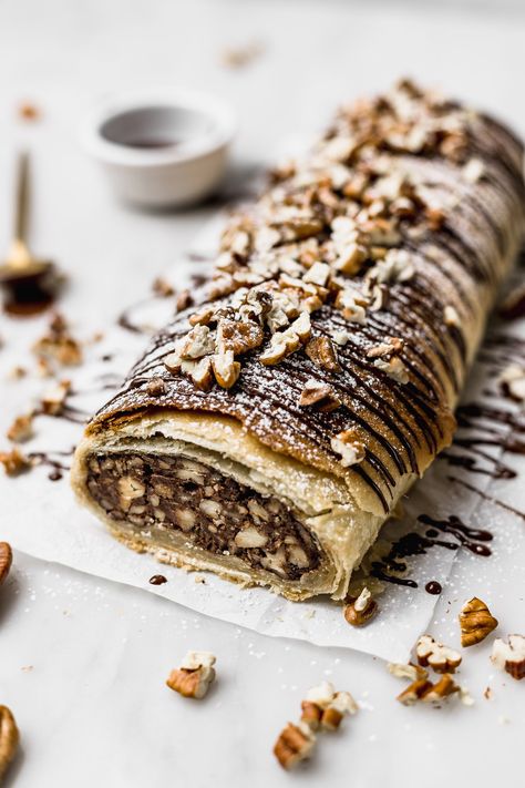 Pecan Chocolate Strudel | Cravings Journal Strudel Photography Styling, Chocolate Strudel, Streudel Recipe, Food Moodboard, Waffle Ideas, Mouth Wrinkles, Pecan Chocolate, Strudel Recipes, Babka Recipe