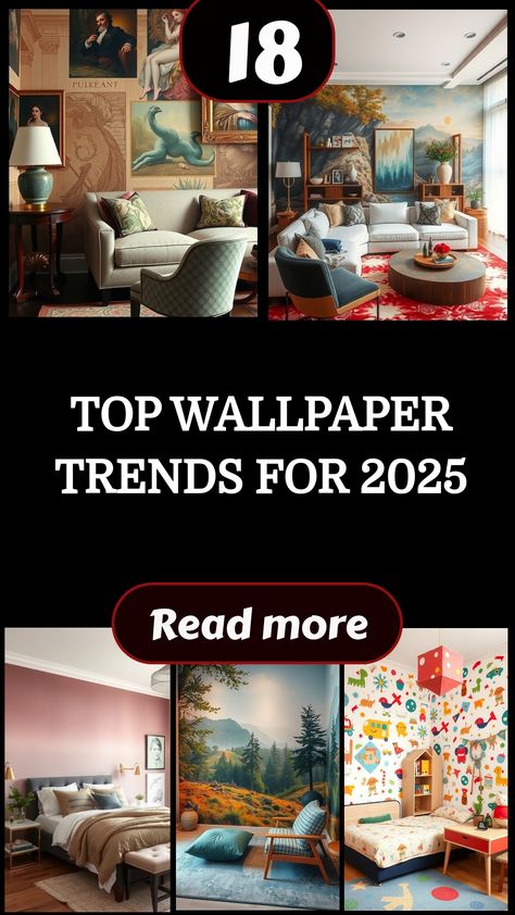 Stylish room interiors showcasing upcoming wallpaper trends for 2025. Funky Bathroom Wallpaper Bohemian, Decor On Wallpaper Wall, Apartment Removable Wallpaper, Piano Room Wallpaper, Cabinet Wallpaper Ideas, Wallpaper Shop Design, Wallpaper Backgrounds Bedroom Ideas, Art On Wallpapered Walls, Wallpaper For Small Room