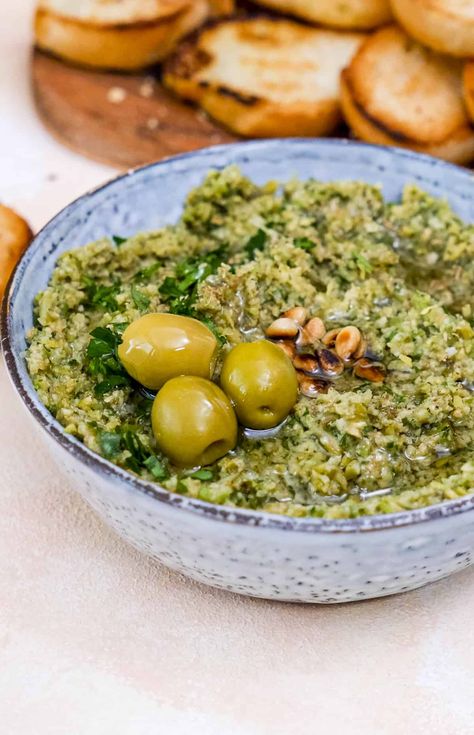 Green olive tapenade with a robust flavor. The EASIEST appetizer ever. Ready in 5 minutes! #tapenade Green Olive Dip, Green Olive Tapenade, Olive Paste, Olive Dip, Tapenade Recipe, Pate Recipes, Olive Recipes, Paste Recipe, Olive Tapenade