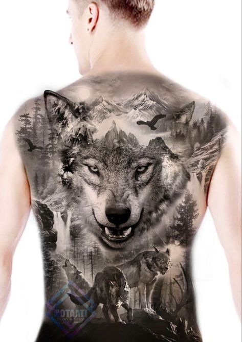 Back Wolf Tattoo, Wolf Tattoo On Back, Wolf Back Tattoo, Husband Wife Tattoos, Bali Ideas, Wolf Tattoo Back, Largest Wolf, Backpiece Tattoo, Wife Tattoo