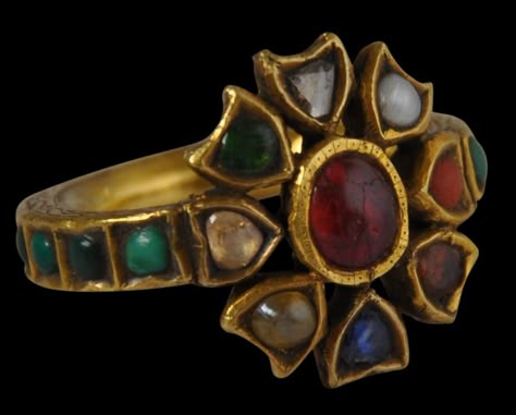 Indian Gold Navaratna Ring (Anguthi)    India  circa 1850  Gold, Semi-Precious Stones Navaratna Ring, Indian Rings, Antique Jewelry Indian, Gold Pendant Jewelry, Antique Gold Jewelry, Gold Ring Designs, Gold Rings Jewelry, Bangles Jewelry Designs, The Himalayas