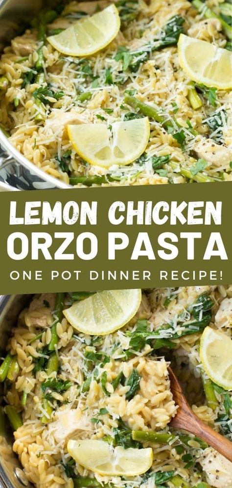 Lemon Chicken Orzo pasta is made with some of the freshest flavors of the season, including lemon, asparagus, Parmesan cheese and spinach! Everything cooks in one pot in under 35 minutes. Orzo Recipes With Chicken, Orzo Dinner Recipes, Asparagus Orzo, Orzo Dinner, Spinach Dinner, Asparagus Chicken, Recipes Asparagus, Lemon Chicken Orzo, Healthy One Pot Meals