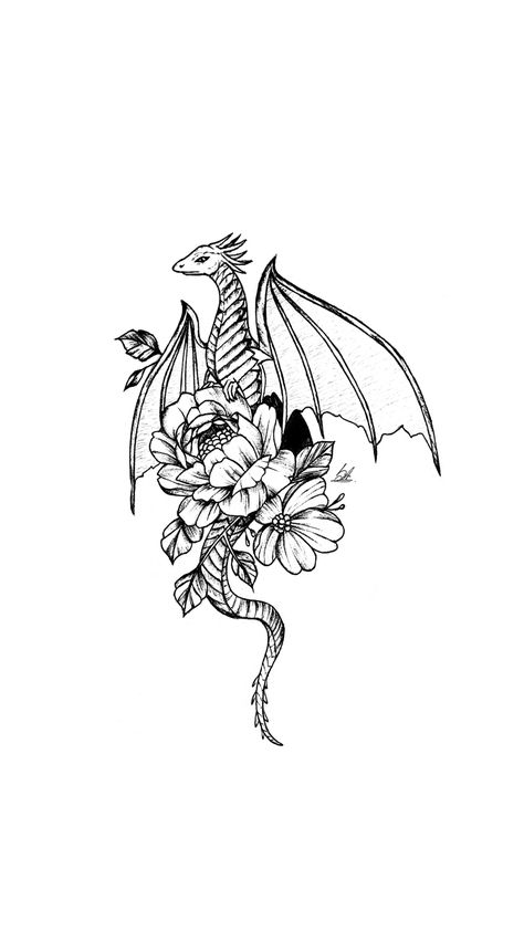 Dragon & flowers b/w drawing | Inspired by Pinterest Dragon Tattoo With Flowers, Dragons Tattoo, Small Dragon Tattoos, Me Tattoo, Dragon Tattoo For Women, Foot Tattoos For Women, Tattoos For Women Flowers, Fantasy Tattoos, Small Girl Tattoos