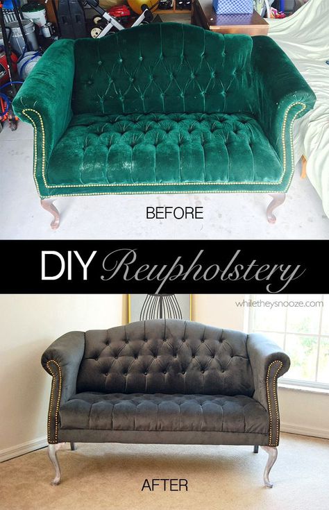 Learn how to reupholster a tufted couch with this upcycle tutorial. Reupholster Couch Diy, Reupholster Couch, Couch Makeover, Reupholster Chair Dining, Tufted Couch, Reupholster Chair, Reupholster Furniture, Upholstery Diy, Diy Couch