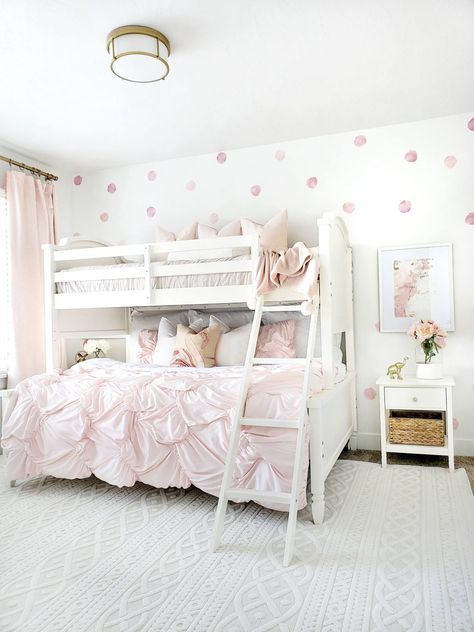 #whitealanedecor #ad #dorelliving @whitelanedecor Dorel Living @dorelliving Charlie Twin over Full Bunk Bed available on Costco.com @costco.  Vivienne Nightstands by Dorel Living available on Amazon.com @Amazon. White Twin Over Full Bunk Bed, Girls Bedroom Pink Bed, Full And Twin Bunk Bed Ideas, Full And Twin Bunk Bed, Bunk Bed Full And Twin, Sister Bunk Beds Bedroom Ideas, White Bunk Beds For Girls Room, Girls Bedroom Ideas With Bunk Beds, Pink Bunk Beds For Girls Room