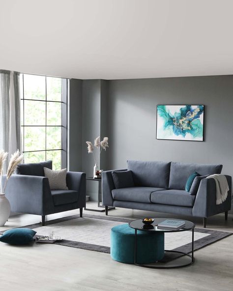 Dark Grey Sofa Living Room, Living Room Decor Grey Couch, Blue Living Room Color, Modern Living Room Sofa Set, Blue Grey Living Room, Blue And Green Living Room, Blue Sofas Living Room, Living Room Color Combination, Grey Sofa Living Room