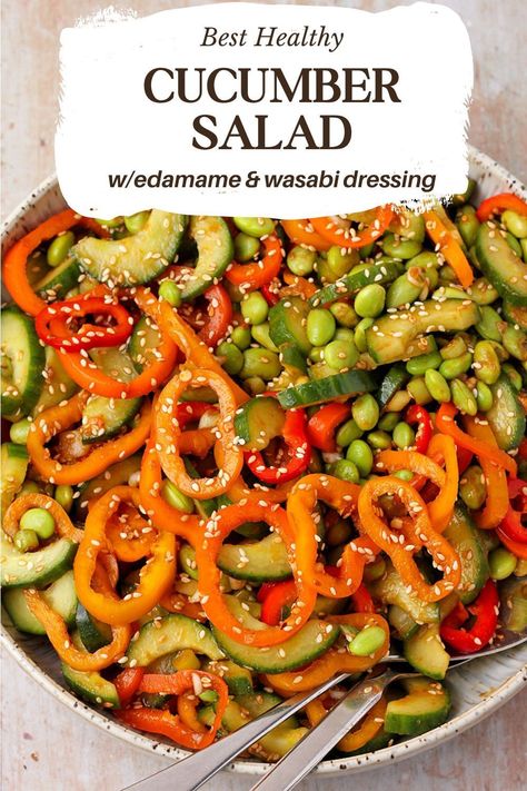 This Cucumber Salad with bell peppers and high-protein edamame is a delicious Asian-inspired recipe. Easy spicy and sweet wasabi dressing is oil-free and refined sugar free for a yummy salad that’s the best and healthier version than many viral TikTok recipes. Make it with any color bell peppers or mini pepper for fresh flavor. This recipe is made with nutritious plant-based ingredients for the perfect vegan side salad or light lunch. Plant Based Salads, Best Cucumber Salad, Cucumber Quinoa Salad, Salad With Edamame, Wasabi Dressing, Healthy Cucumber Salad, Low Fat Salads, Balsamic Green Beans, Vegan Chicken Salad