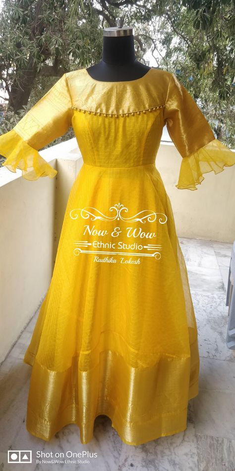 Yellow organza checks with kanchi border longfrock Yellow Organza Dress, Gown Models, Ruffle Blouse Designs, Stylo Shoes, Party Wear Long Gowns, Frock Models, Orange Lehenga, Frocks And Gowns, Kids Party Wear Dresses