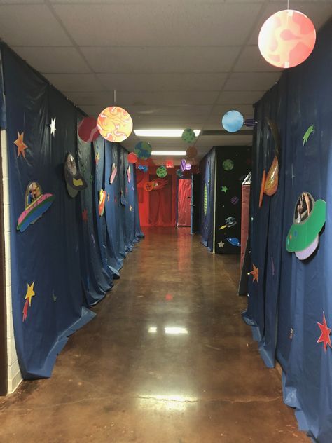 Space Hallway Decorations, Planet Decorations Space Theme, Outta This World Theme, Space Theme Hallway, Space Theme Room Transformation, Space Theme Entrance, Kindness Pictures, Vbs Stellar, Space Vbs