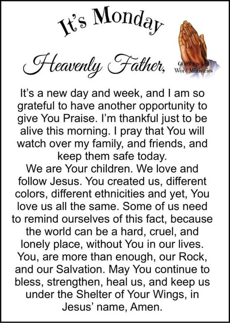 Monday Prayer To The Heavenly Father prayer monday monday quotes and sayings monday prayer quotes monday prayer image quotes Heavenly Father Prayer, Father Pictures, Monday Prayers, Monday Morning Prayer, Prayers For Direction, Monday Good Morning, Prayer For Wife, Monday Prayer, Prayer Of The Day