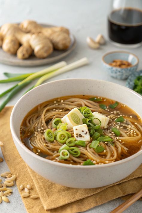 10-Minute Prep for Ginger Garlic Soba Noodle Soup Soba Noodle Soup, Soba Soup, Soba Noodles Soup, Comfort Soup Recipes, Soba Noodle, Garlic Soup, Chickpea Soup, Comfort Soup, Soba Noodles