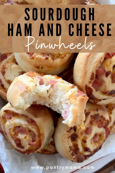 Sourdough Ham And Cheese Rolls, Ham And Cheese Sourdough, Pinwheel Dough Recipe, Sourdough Potluck Ideas, Sourdough Ham And Cheese, Sour Dough Sandwich Recipes, Soft Sourdough Recipes, Sourdough Pinwheels, Sourdough Cheese Straws