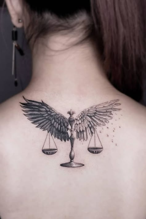 Libra Raven Tattoo, Libra Justice Tattoo, Legal Scales Tattoo, The Scales Of Justice Tattoo, Cool Libra Tattoos, Scale Tattoo Men, Tattoos About Balance, Libra Tatoos Ideas, Libra Back Tattoo