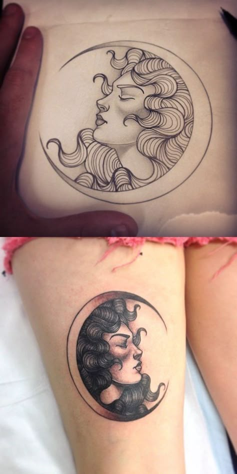 Woman Moon Art, Moon Women Tattoo, Curly Tattoo, Tattoos Infinity, Inspiration Tattoos, Disney Tattoo, E Tattoo, Nature Tattoos, Mandala Tattoo