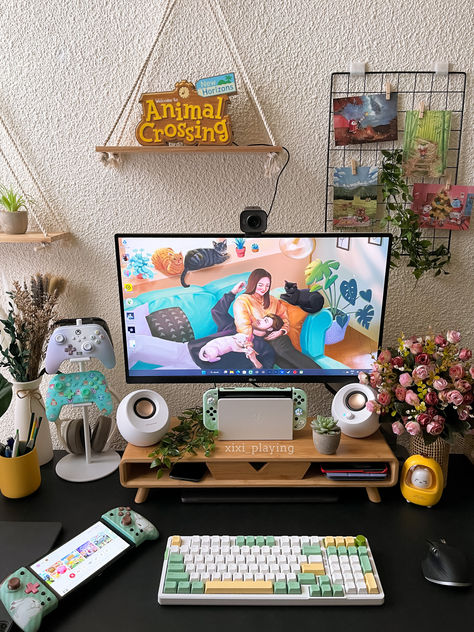 animal crossing, nintendo switch, cute green set up, gaming setup, animal crossing logo, office ideas Nintendo Switch Gaming Setup, Nintendo Switch Setup Ideas, Simple Gaming Setup, Nintendo Switch Setup, Animal Crossing Logo, Nintendo Switch Cute, Set Up Gaming, Animal Crossing Nintendo Switch, Cottage Desk