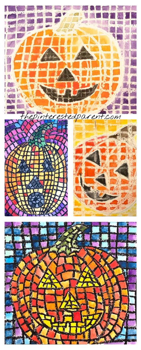 Pastel Resist Mosaic Jack-O-Lanterns – The Pinterested Parent Third Grade Halloween Art Projects, November Art 3rd Grade, Fall Art For Elementary Students, Pumpkin Art Project, Halloween Art Projects, Lantern Art, Paper Mosaic, Montessori Art, Fall Art Projects