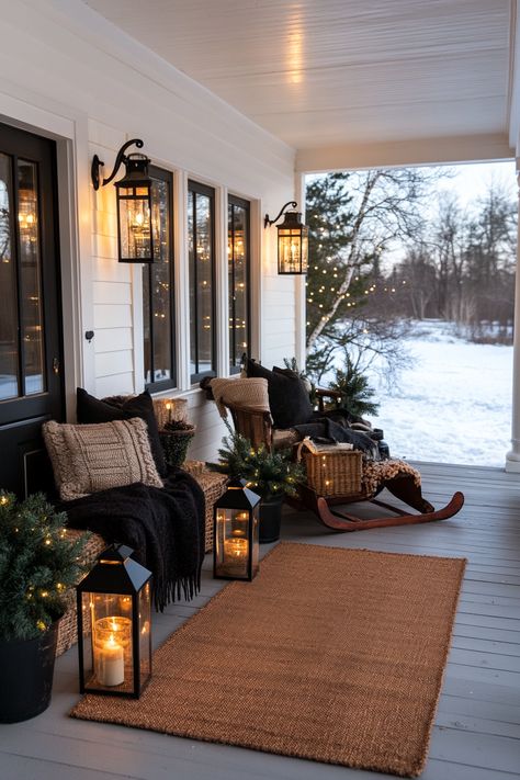 15 Winter Decor Ideas for a Cozy, Festive Home – Elegant Inspo Winter Patio Decor, January Front Porch Decor, Modern Winter Decor, Mexican Farmhouse, Porch Lanterns, Winter Decor Ideas, Cozy Desk, Modern Coastal Decor, Modern Mexican