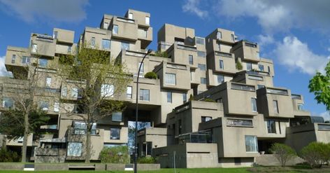 brutalist-architecture-grey-building-composed-by-multiple-cubes-featuring-windows-in-different-shapes-and-sizes Habitat 67, Boston City Hall, Concrete Buildings, Brutalist Buildings, Modernist Architects, Brutalist Design, Concrete Building, Apartment Architecture, Architectural Section