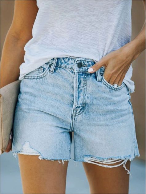 Color: Blue Material: Polyester Length: Shorts Season: Summer Design Element: Pocket Style: Casual Package included: 1*Shorts Curated Ears, Denim Mom Shorts, Best Summer Ever, Cruise Packing, Ripped Shorts, Sewing Fashion, Jean Short, Traje Casual, Distressed Shorts