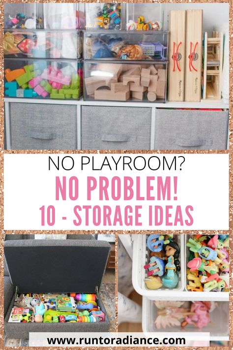 No Playroom? No Problem! 10 Toy Storage Ideas For Any Space Kid Toy Storage Closet, Organization For Toys In Living Room, Toy Organizing Ideas Small Spaces, Toy Storage In Small Spaces, Cheap Diy Toy Storage Ideas, Train Track Organization Toy Storage, Hidden Toys In Living Room, Pretend Play Storage Ideas, Playroom And Bedroom Combined Small