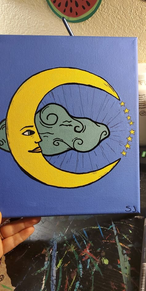 Easy Trippy Painting Ideas, Triangle Canvas Painting Ideas, Cute Painting Ideas Aesthetic Easy, Easy Canvas Art Aesthetic, Super Easy Paintings, Moon Canvas Painting, Disney Canvas Paintings, Kids Canvas Art, Moon Canvas