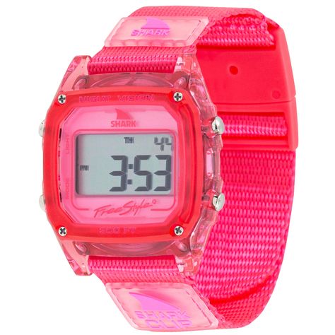 Indulge in vibrant summer vibes with the Cherry Shark Clip Watch from Freestyle's new Jelly Bean Collection. Featuring a transparent red case and a bold Cherry-colored Shark Clip strap with our new signature see-through patches, this watch is a must-have for your sunny escapades. Whether you're surfing the waves or chilling by the poolside, its water resistance up to 300ft and secure Shark Clip closure ensure durability and comfort. Stay organized with digital precision using features such as st Preppy Watch, Shark Clip Watch, Freestyle Watches Sharks, Shark Watch, Surf Watch, Freestyle Watch, Cherry Color, Shark Clip, Red Cases