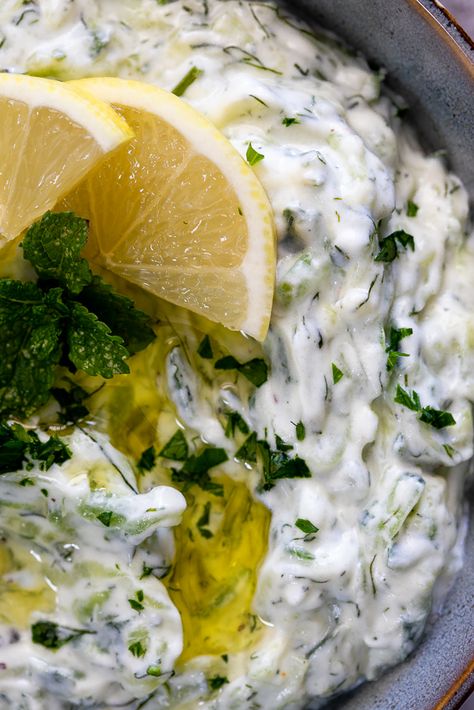 Easy Greek Tzatziki - Simply Delicious Meat For Dinner, Greek Tzatziki, Greek Chicken And Potatoes, Meze Platter, Easy Dipping Sauce, Baked Greek Chicken, Greek Dinners, Greek Potatoes, Keto Sauces